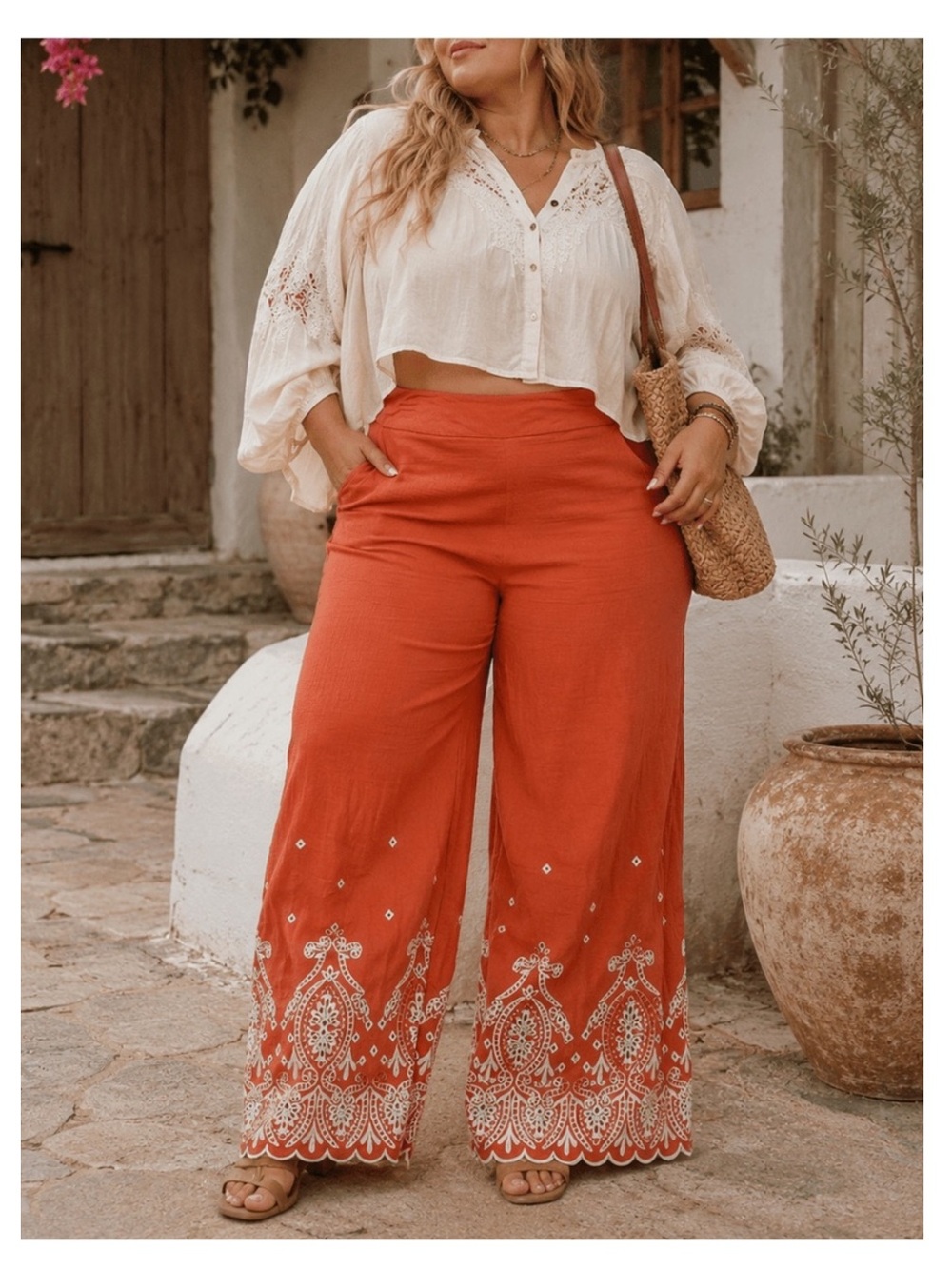 🟠NWT LA REYNA Plus Wide-Leg Elastic-Waist Embroidered Pants w/Pockets in Copper